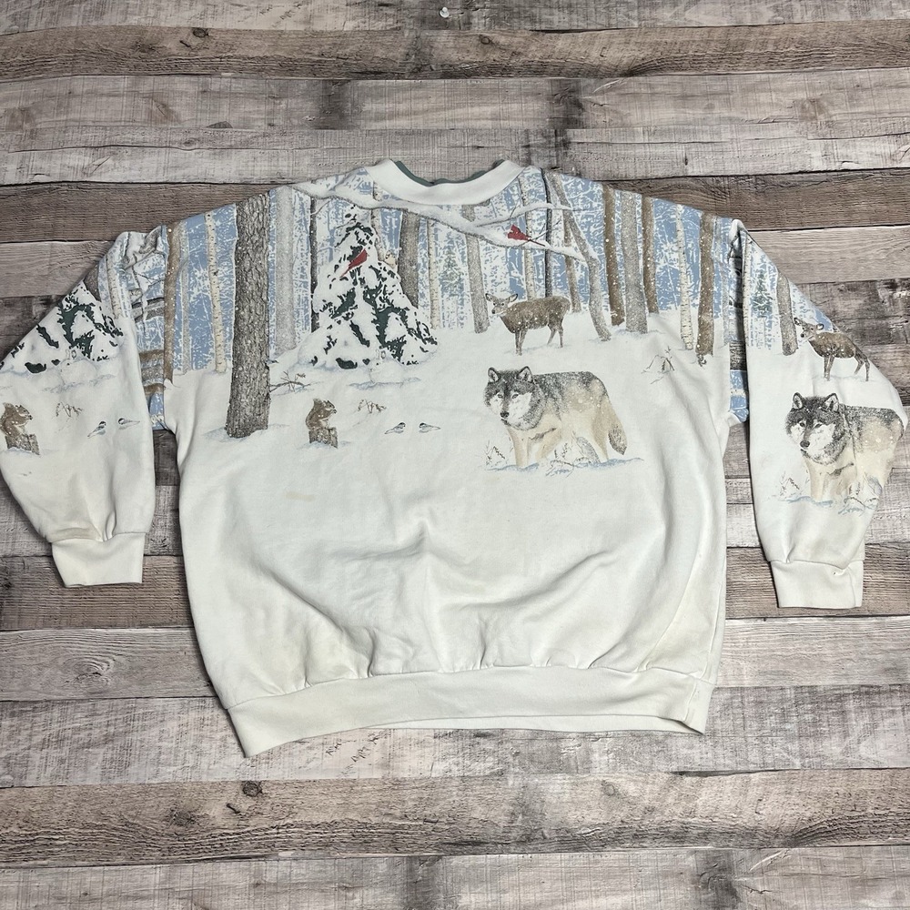 Artisan Sweatshirt Size Large White Vintage 90s Wolf Wolves Nature Scene Winter